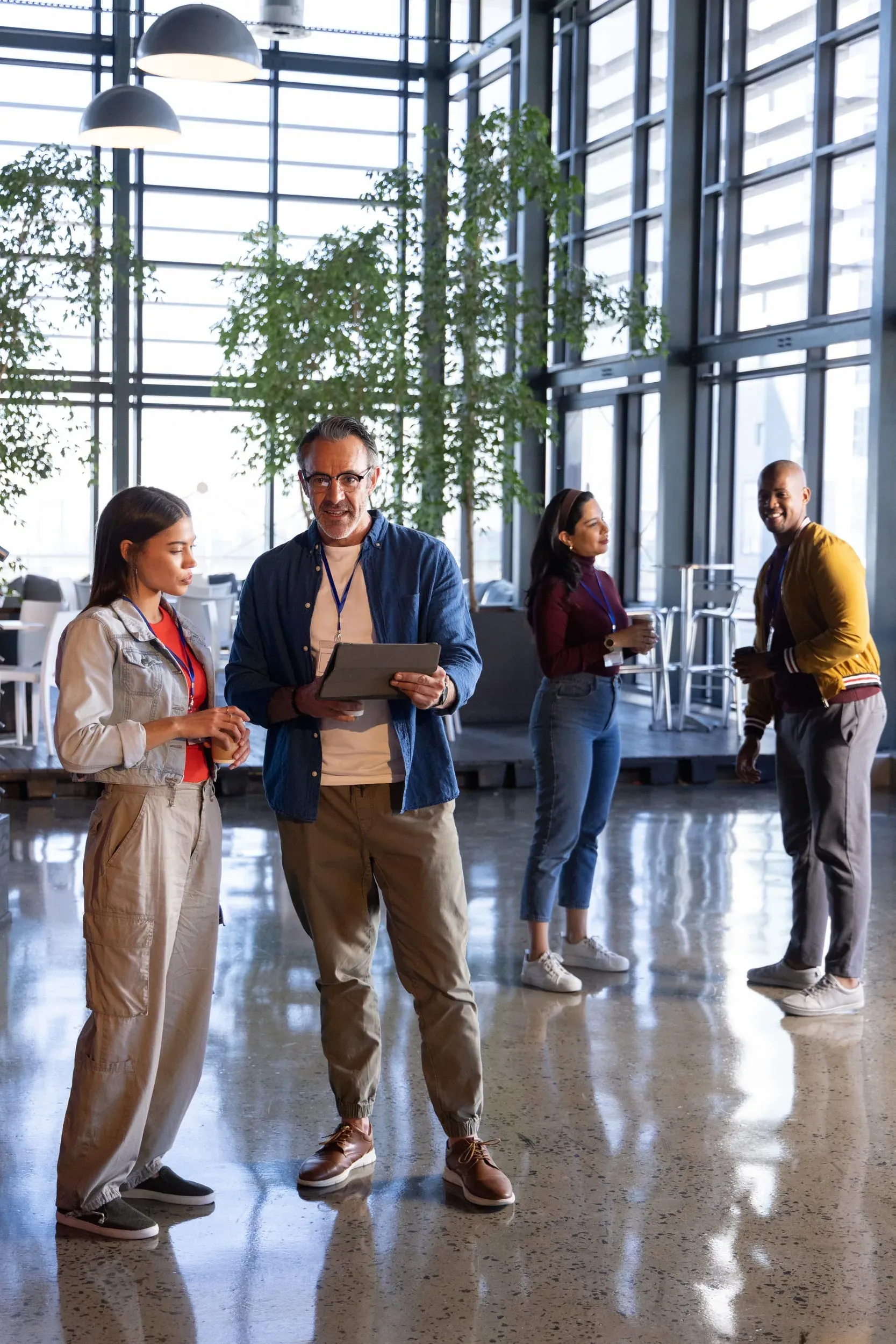 A small group of people in an atrium